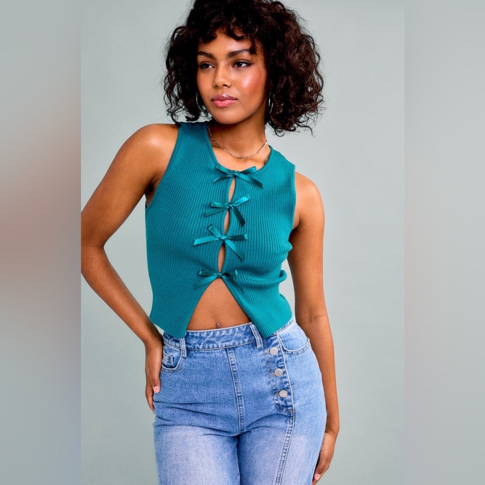 Satin Bow Cutout Knit Tank Top - Le Lis